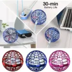 Esfera voladora LED con estructura de rejilla en azul, rojo y rosa. Muestra opciones de carga USB y una autonomía de batería de 30 minutos.