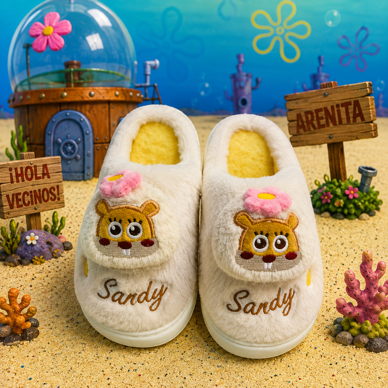 Par de pantuflas peludas blancas de diseño animado inspiradas en Sandy, con interior amarillo, flor rosa y detalles bordados, sobre arena.