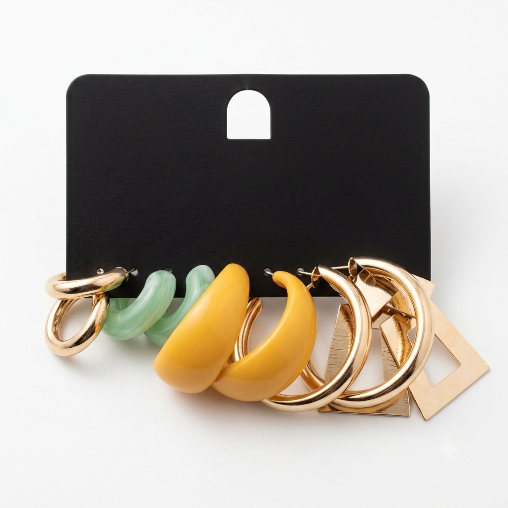 Set de cinco pares de candongas en tonos dorados, verde mármol y amarillo, con formas circulares y geométricas sobre un soporte negro.