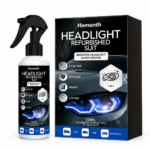 Kit Homonth de 120ml para renovar farolas con frasco pulverizador blanco y caja negra con diseño de luces de auto azules sobre fondo blanco.