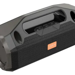 Parlante Bluetooth portátil gris oscuro con rejilla de tela, asa superior integrada con ranura y controles multimedia centrales