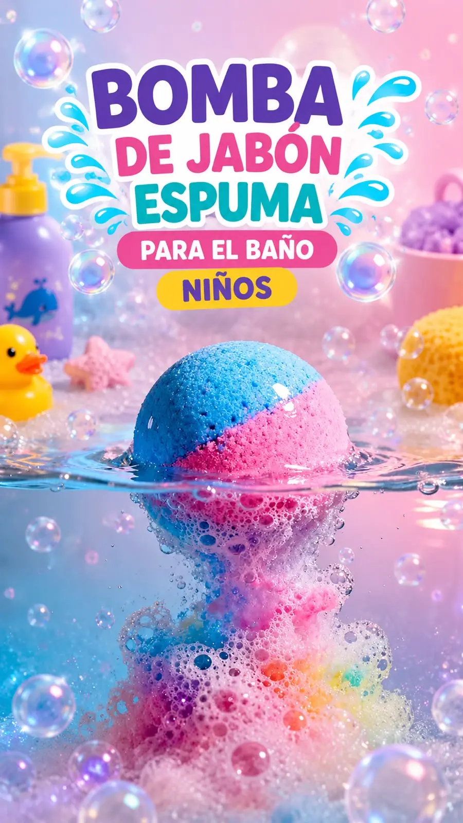 Bomba de baño efervescente azul y rosa creando espuma multicolor bajo el agua, con patito de goma y accesorios de aseo para niños.