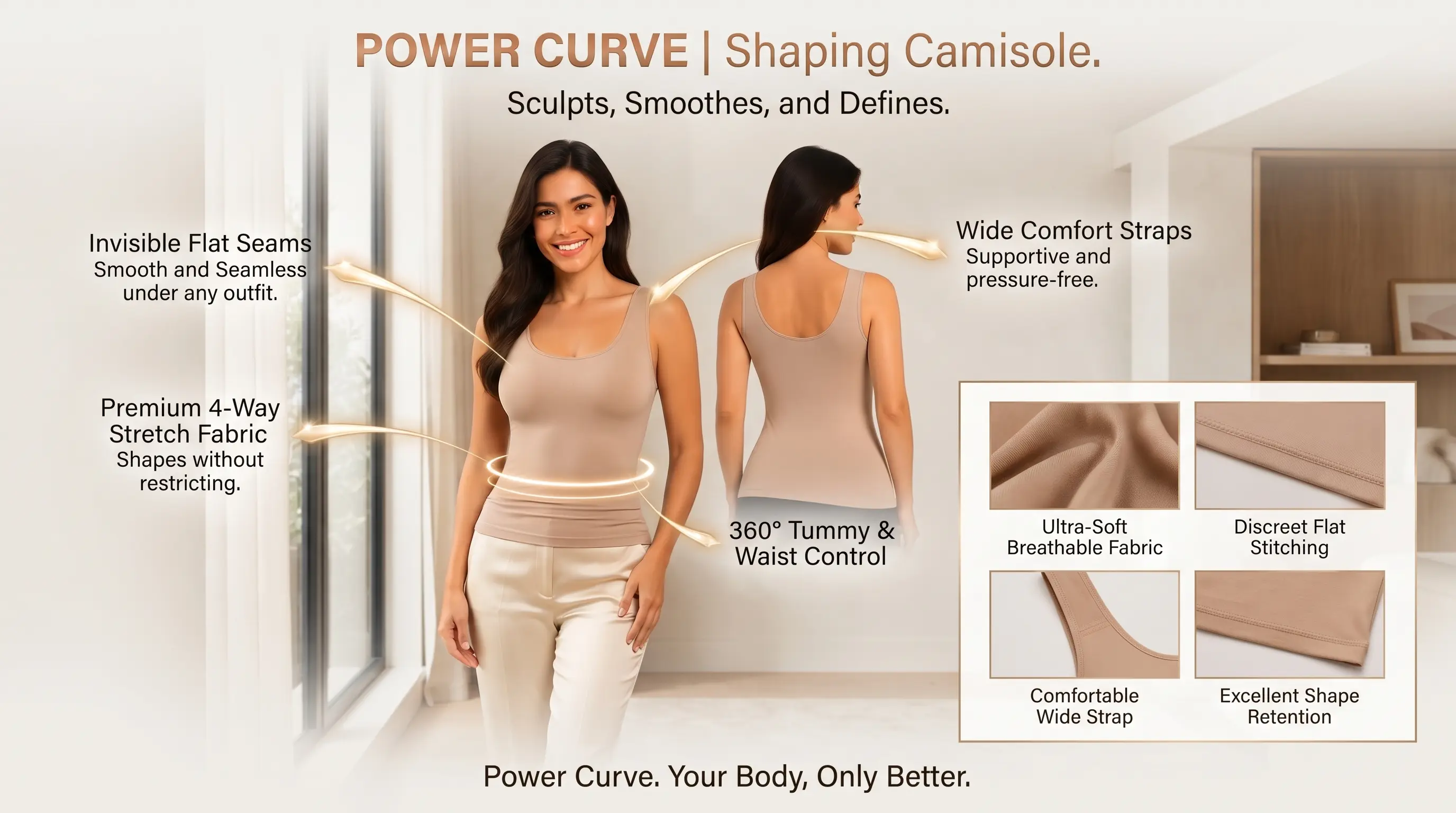 Camisilla faja moldeadora con panel interno de powernet en abdomen sobre fondo blanco