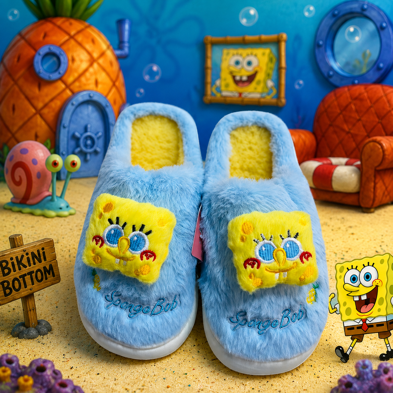 Pantuflas de peluche celeste y amarillo con apliques de Bob Esponja, ideales para interiores con diseño inspirado en Fondo de Bikini.