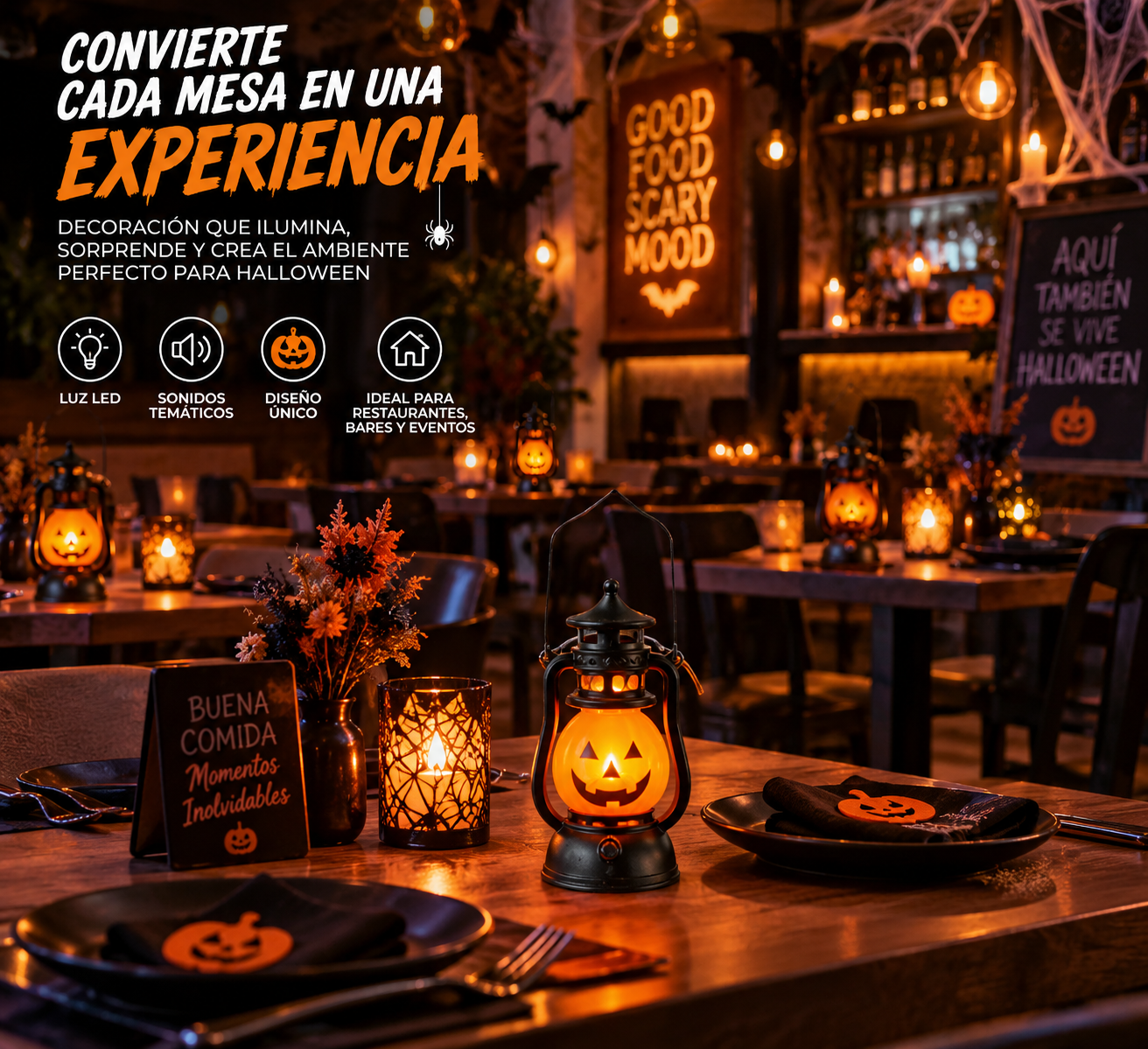 Set x2 Farol encantado de Halloween con luz y sonido para decoración de mesas - Crea una atmósfera festiva inolvidable en tu negocio