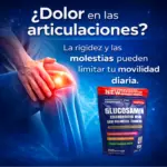 Bolsa de Glucosamin Chondroitin MSM con 100 cápsulas blandas para el dolor articular junto a una rodilla con zona de inflamación roja brillante