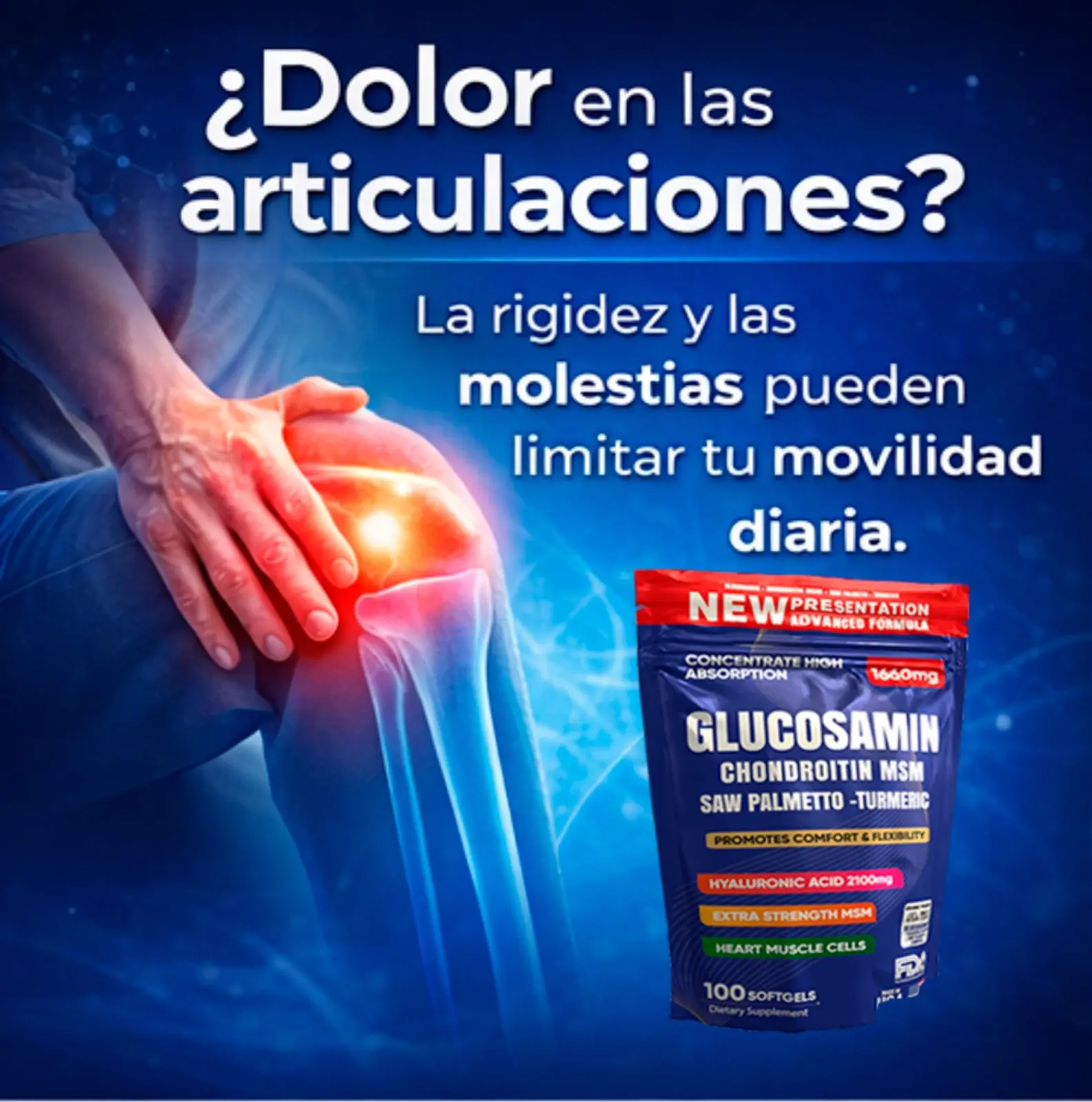 Bolsa de Glucosamin Chondroitin MSM con 100 cápsulas blandas para el dolor articular junto a una rodilla con zona de inflamación roja brillante