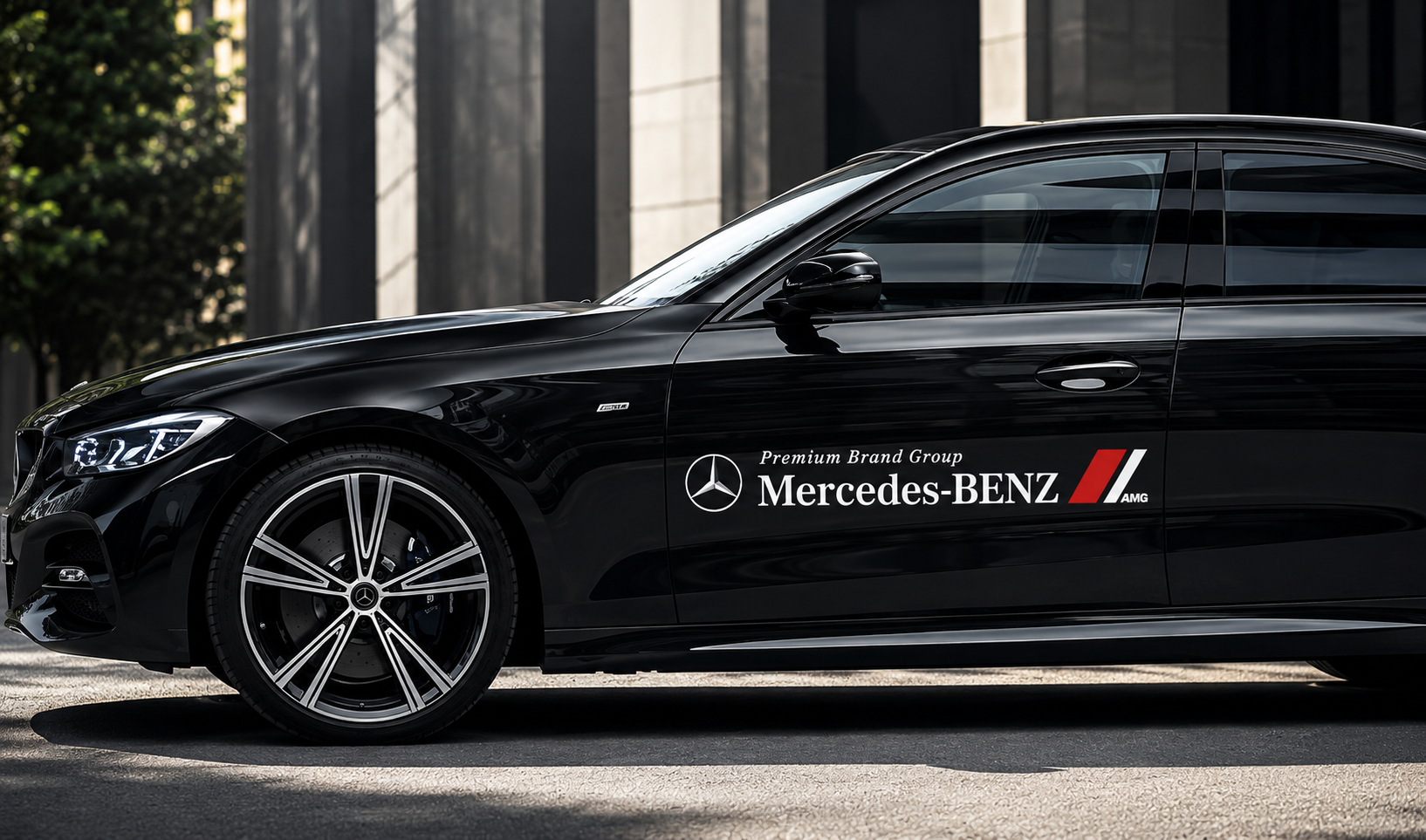 Set x2 sticker negro para vehículo impermeable, aplicado en la puerta lateral de un automóvil negro moderno con diseño de Mercedes-Benz.