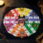 Juego de mesa Parchís Juerga de neopreno con tablero octagonal negro, fichas de colores, dados y cinco vasos transparentes para adultos.