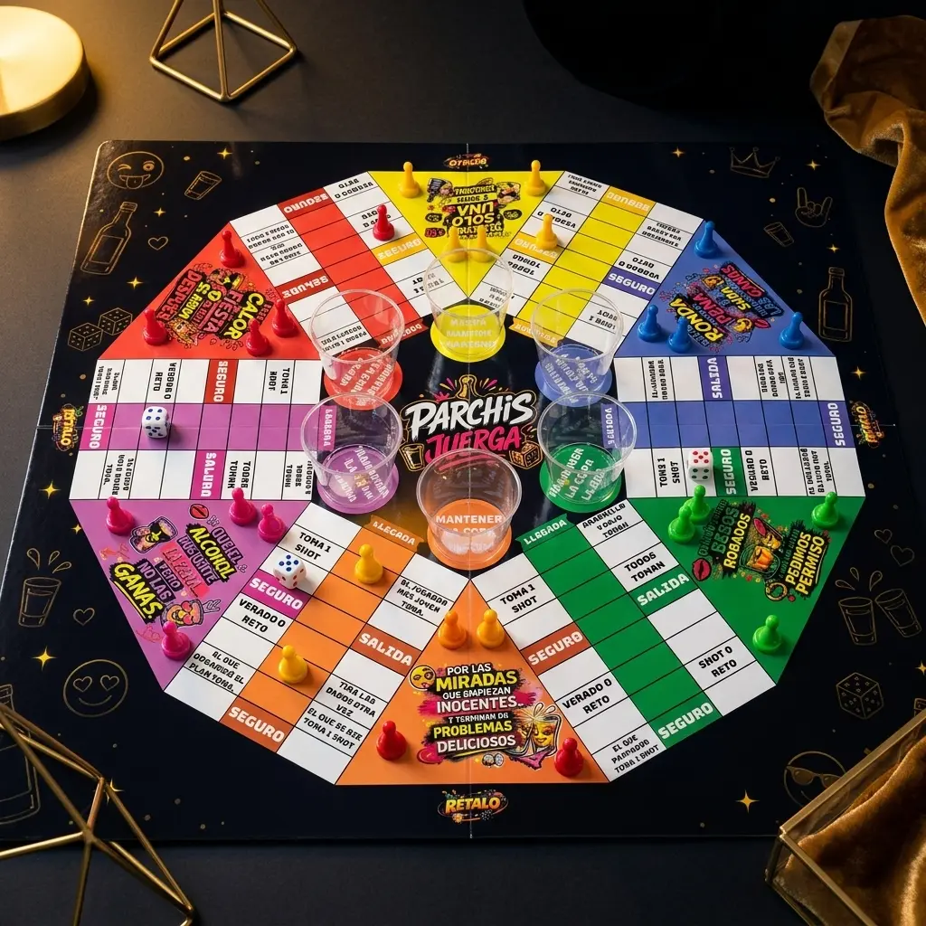 Juego de mesa Parchís Juerga de neopreno con tablero octagonal negro, fichas de colores, dados y cinco vasos transparentes para adultos.