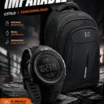 Set de bolso negro resistente y reloj deportivo digital con pantalla grande, ideal para uso diario.