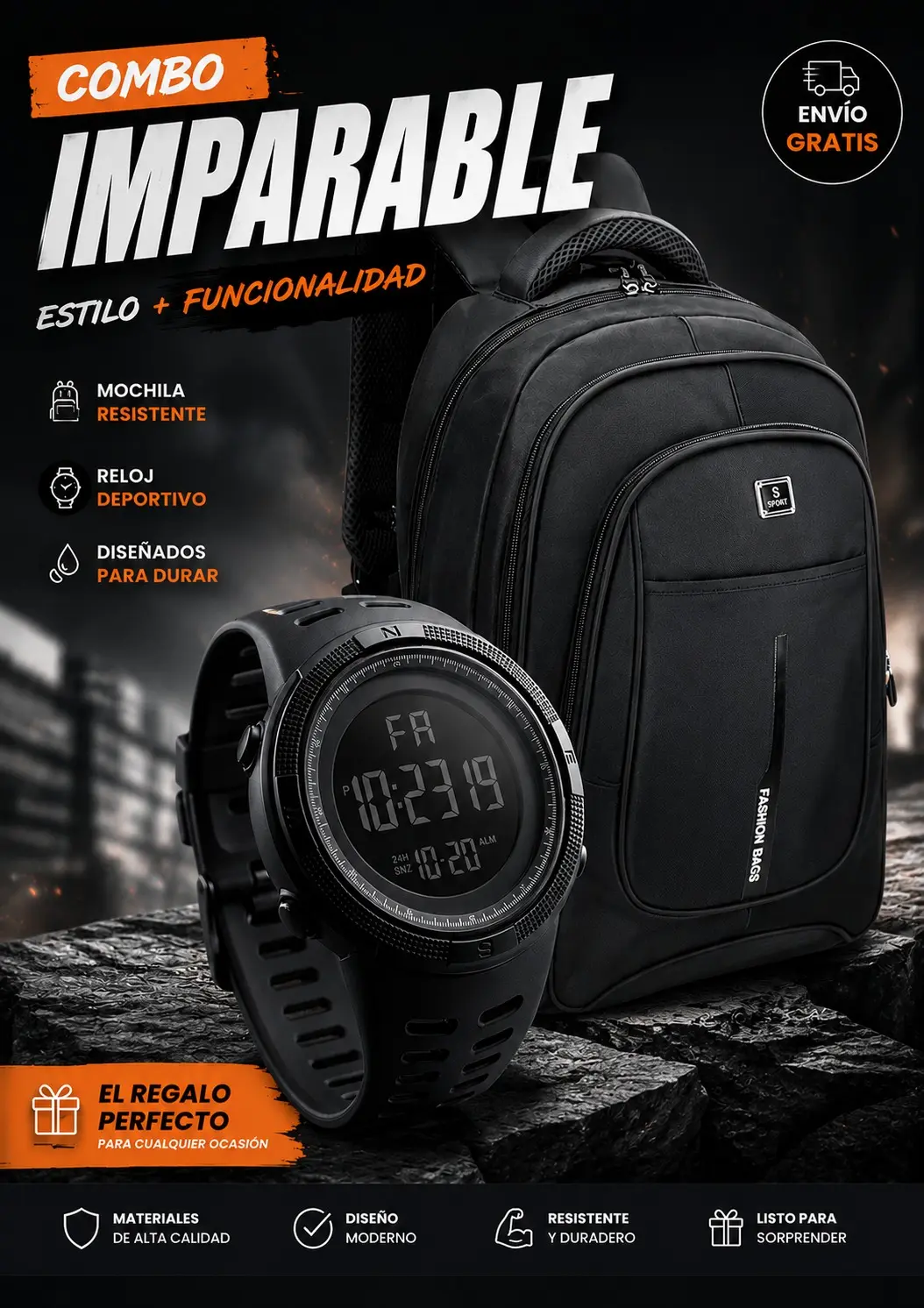 Set de bolso negro resistente y reloj deportivo digital con pantalla grande, ideal para uso diario.