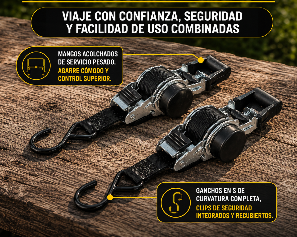 Correa retractil de trinquete para carga de 3 m - Asegura equipaje y bicicletas sin enredos