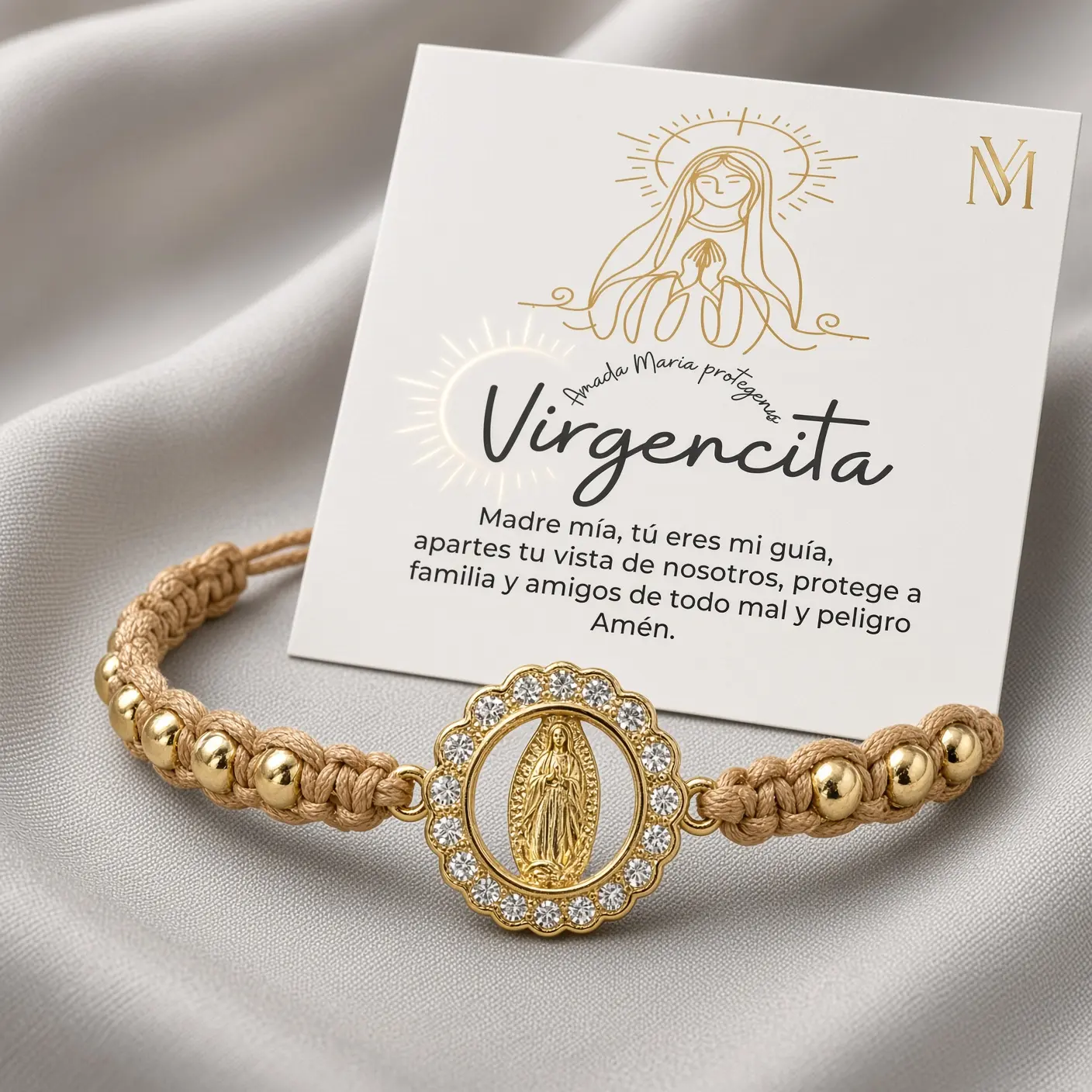 Pulsera Virgencita Milagrosa de acero dorado y hilo - Lleva protección y esperanza contigo diariamente