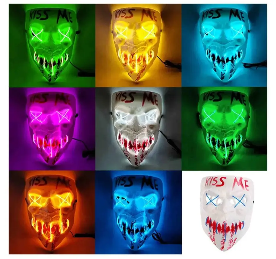 Máscara LED estilo The Purge con texto KISS ME y ojos en X, en variantes de colores verde, azul, rosa, amarillo, naranja y blanco.