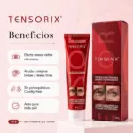 Tubo y caja roja de crema Tensorix de 30g con efecto tensor inmediato para bolsas y líneas finas, sobre fondo rosado con lista de beneficios.