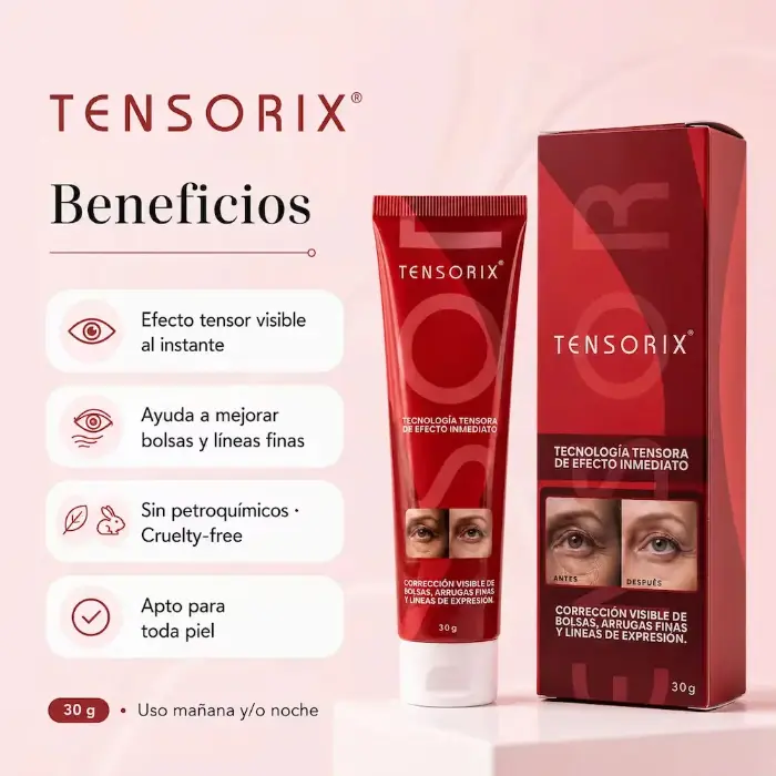 Tubo y caja roja de crema Tensorix de 30g con efecto tensor inmediato para bolsas y líneas finas, sobre fondo rosado con lista de beneficios.