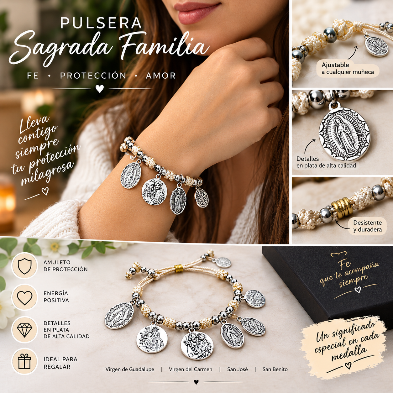 Pulsera ajustable en hilo beige con dijes plateados de la Sagrada Familia y medallas religiosas, ideal como amuleto de protección.