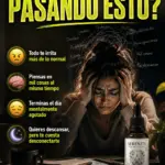 Gotas Serenity de fórmula natural para la ansiedad en frasco oscuro, junto a una mujer con gesto de estrés y agotamiento mental sobre un escritorio.