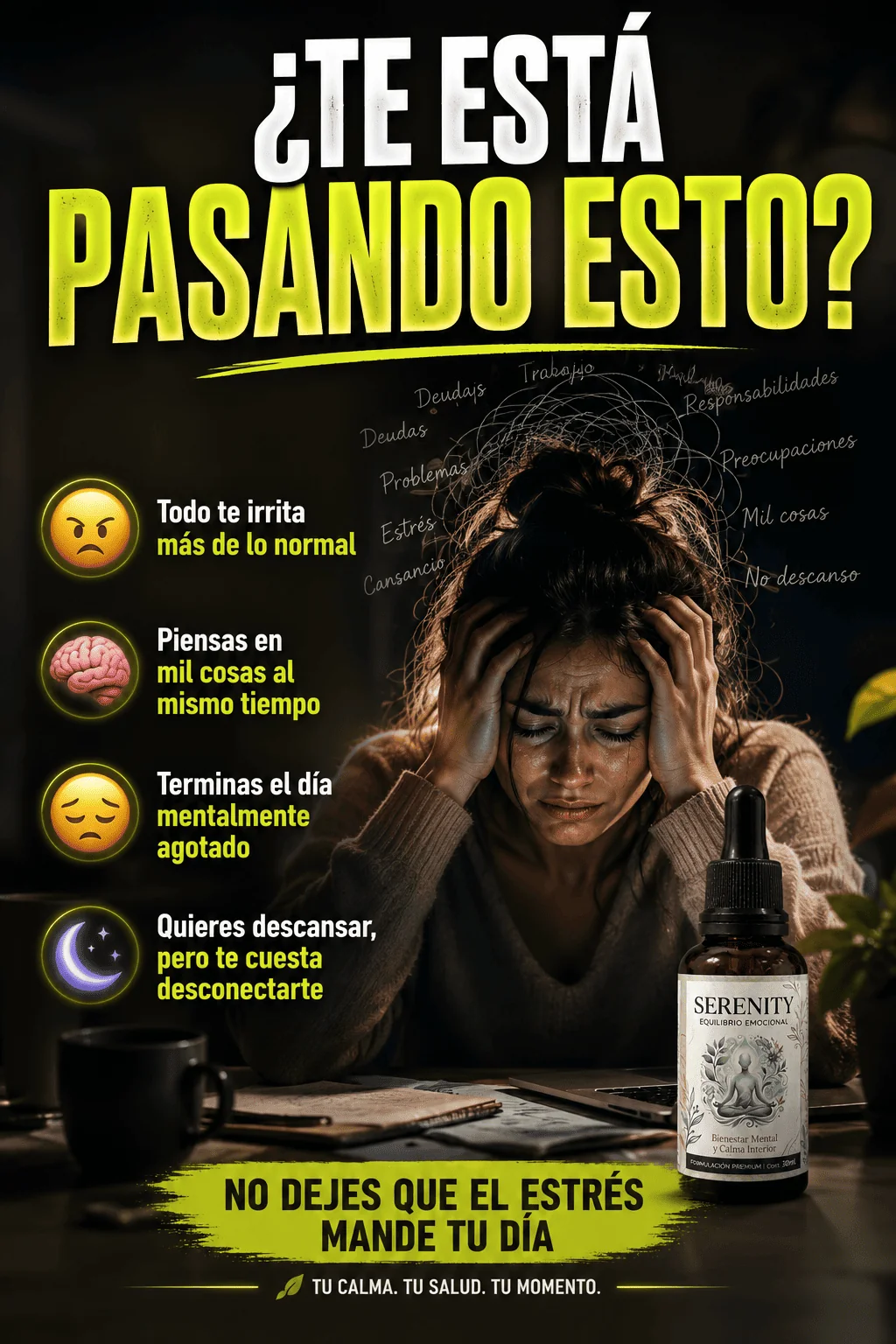 Gotas Serenity de fórmula natural para la ansiedad en frasco oscuro, junto a una mujer con gesto de estrés y agotamiento mental sobre un escritorio.