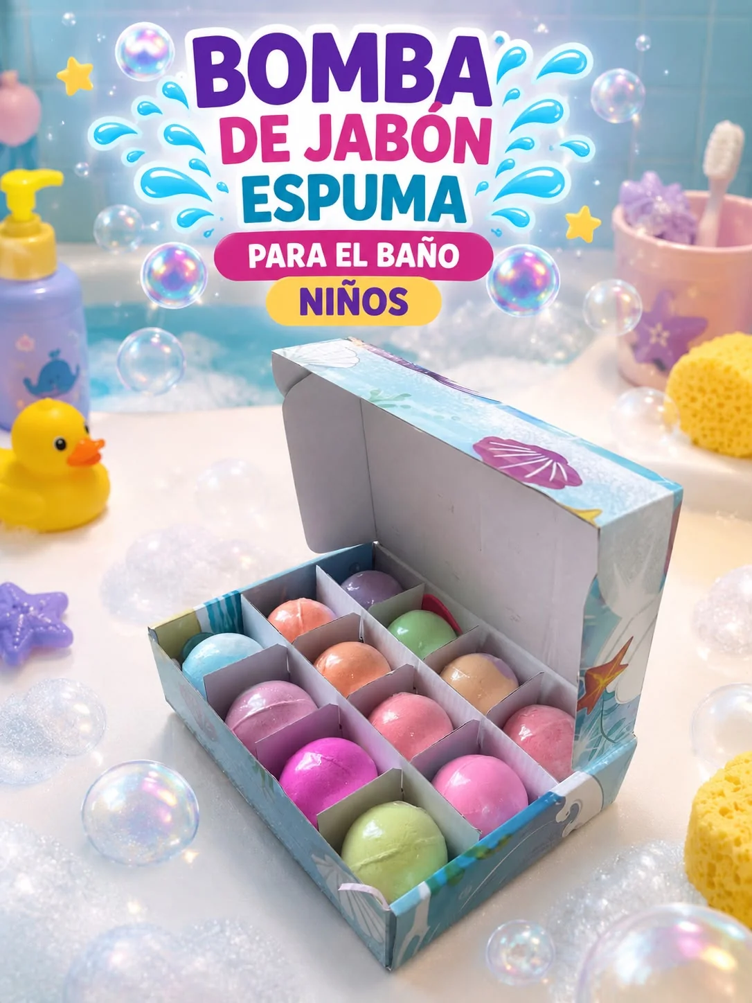 Set de bombas de baño efervescentes multicolores en caja azul, rodeadas de burbujas y accesorios infantiles en un ambiente de baño.