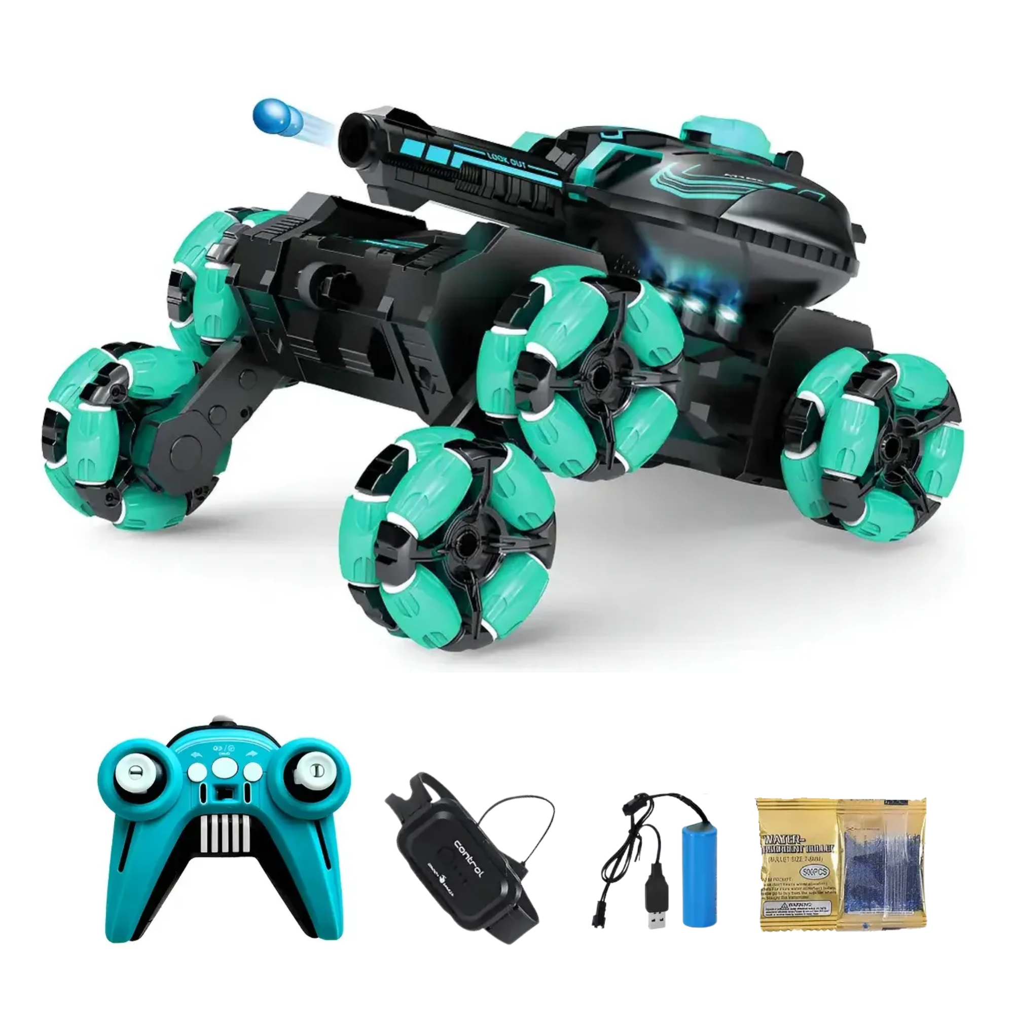 Carro tanque todoterreno negro y turquesa con lanzador de hidrogel, control, sensor de gestos, batería, cable USB y esferas de gel azules.