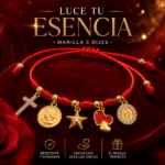 Pulsera roja tejida de acero inoxidable con cinco dijes colgantes dorados: cruz con circones, moneda con relieve, estrella con circon, corazones dobles esmaltados en rojo y medalla ovalada con borde brillante sobre fondo de terciopelo.
