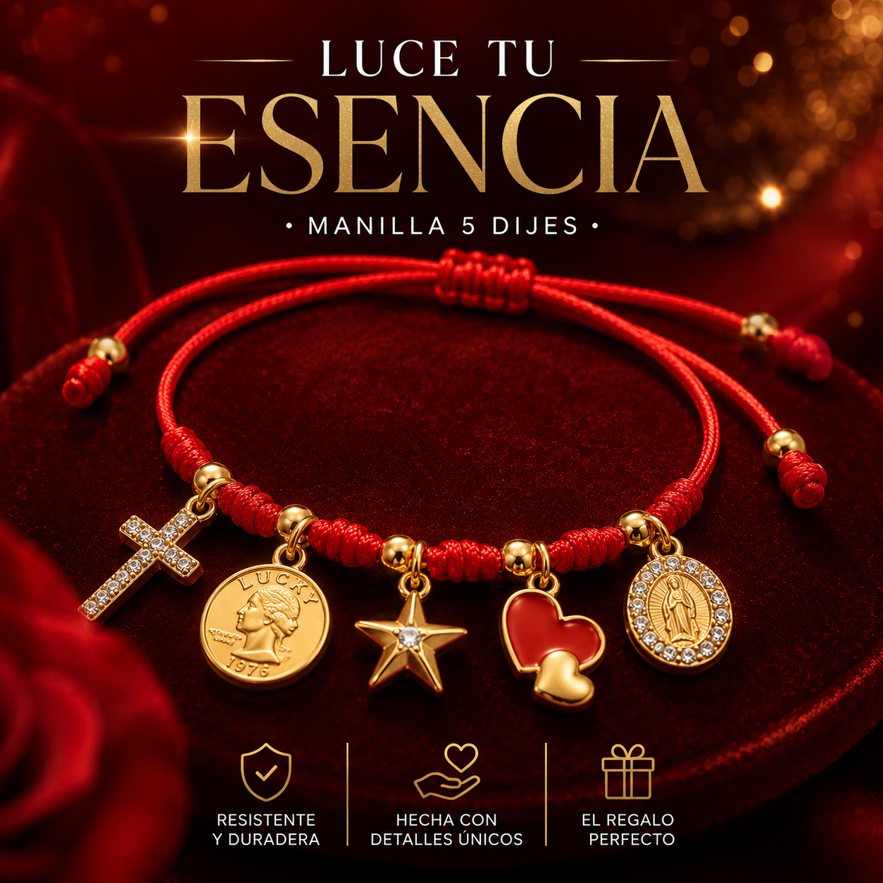Pulsera roja tejida de acero inoxidable con cinco dijes colgantes dorados: cruz con circones, moneda con relieve, estrella con circon, corazones dobles esmaltados en rojo y medalla ovalada con borde brillante sobre fondo de terciopelo.
