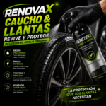Botella de spray Renovax de 500 ml aplicándose en negro profundo sobre caucho y llantas de vehículo con acabado profesional brillante.