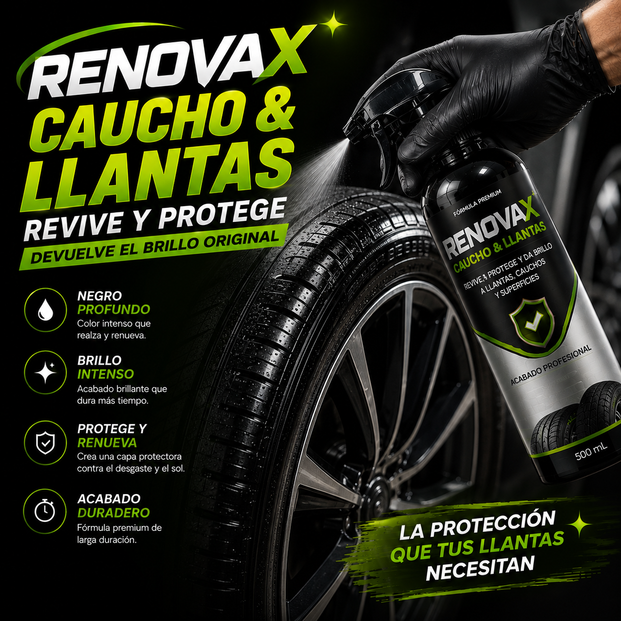 Botella de spray Renovax de 500 ml aplicándose en negro profundo sobre caucho y llantas de vehículo con acabado profesional brillante.