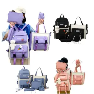Set de cinco piezas moradas escolares que incluye mochila con osito de peluche, bolso de hombro, cartuchera y estuches accesorios.