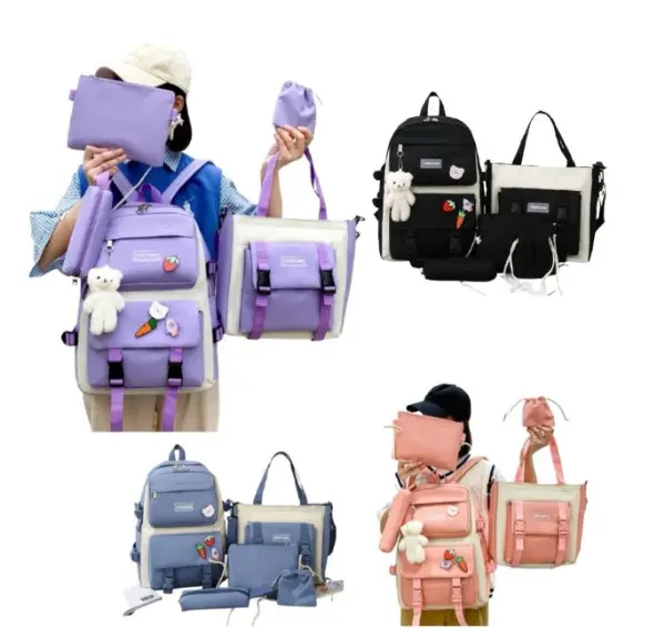 Set de cinco piezas moradas escolares que incluye mochila con osito de peluche, bolso de hombro, cartuchera y estuches accesorios.