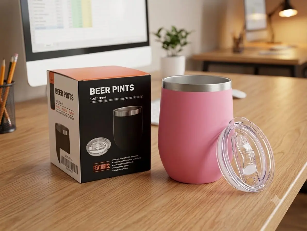 Vaso térmico rosa de acero inoxidable con tapa transparente y caja de presentación negra con la medida 360 ml sobre escritorio de madera.