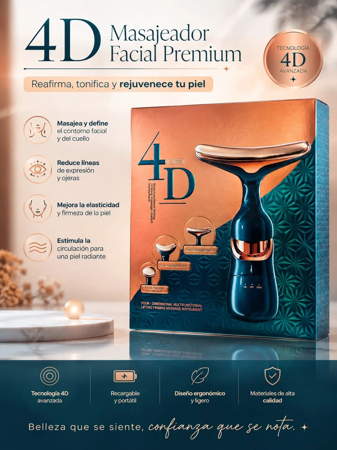 Masajeador Facial 4D con Microcorrientes y Vibración - Mejora la firmeza y define los contornos de tu rostro