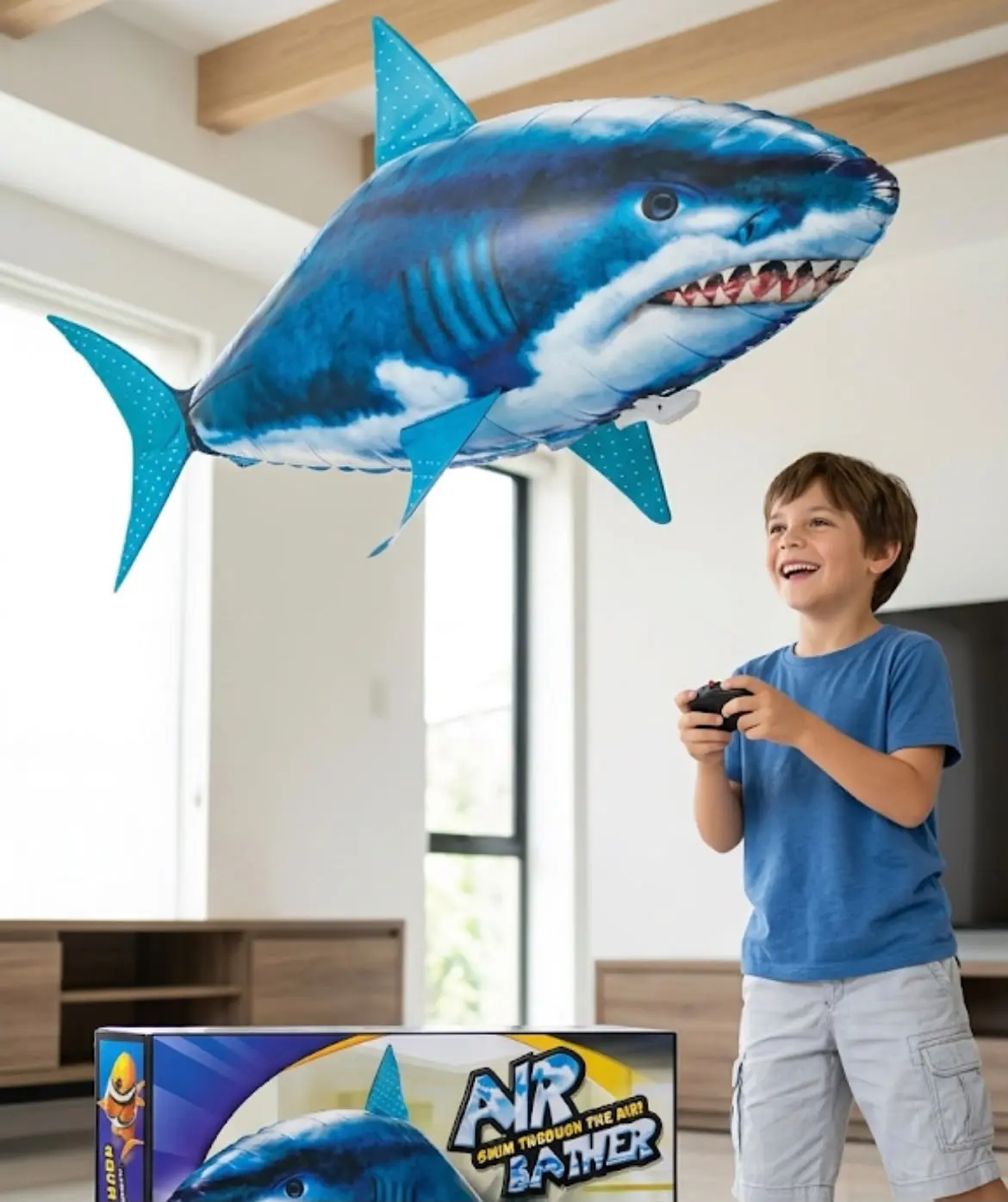 Tiburon volador a control remoto con helio para interiores - Sorprende en fiestas infantiles con movimientos reales de nado - Imagen 3