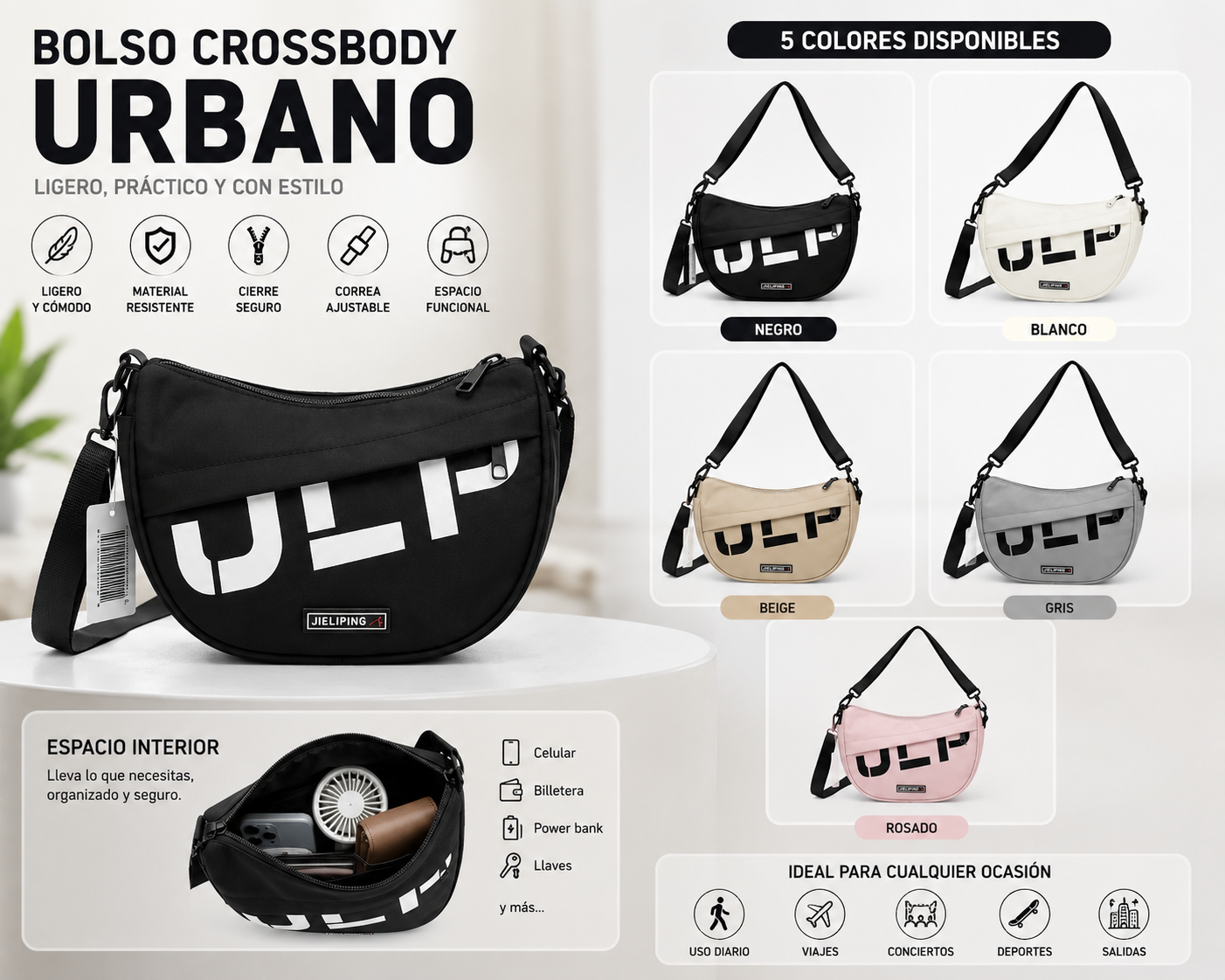 Bolso crossbody urbano negro con letras blancas ULP, correa ajustable, cierre seguro y amplio compartimento interior para celular, billetera y llaves.