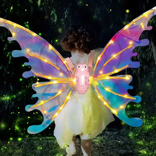 Alas de hada tipo mariposa con luces LED amarillas y colores degradados morado, rosa y azul para disfraz infantil en un entorno nocturno.