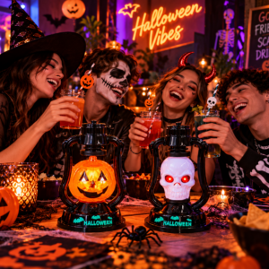 Set de dos faroles negros de Halloween con luces de calabaza naranja y calavera blanca con ojos rojos, decorando una mesa en una fiesta temática.