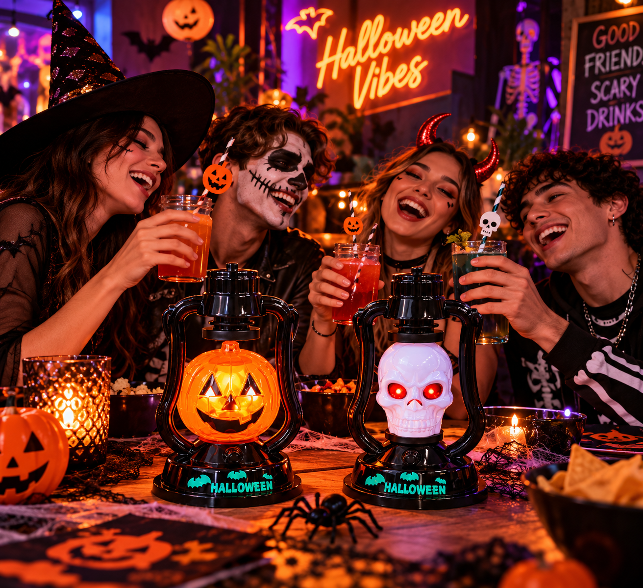 Set x2 Farol encantado de Halloween con luz y sonido para decoración de mesas - Crea una atmósfera festiva inolvidable en tu negocio
