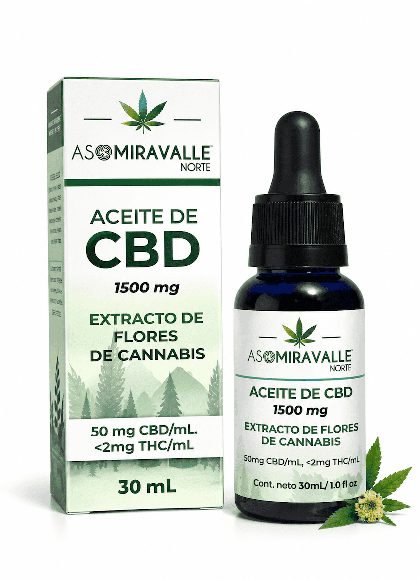 Frasco gotero de vidrio oscuro con etiqueta blanca y caja verde de aceite de CBD 1500 mg, extracto de flores de cannabis de 30 ml.