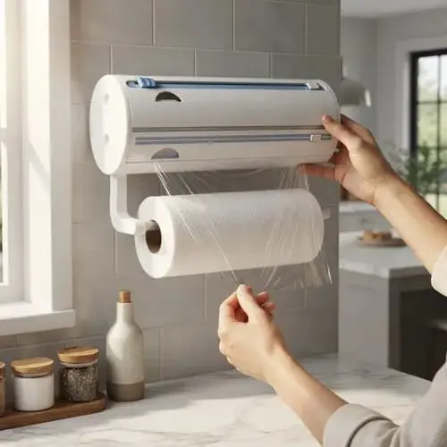 Porta rollos de cocina de pared adhesivo triple para film y aluminio - Organiza tu espacio y corta con precisión sin perforar - Imagen 2