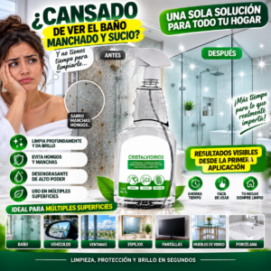 Limpiador multisuperficies en spray de un litro, fórmula transparente que elimina grasa, sarro y hongos en baños, vehículos y vidrios.