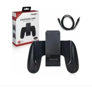 Handgrip ergonómico negro para Joycon de Nintendo Switch con batería de 1800mAh, incluye caja y cable USB sobre fondo blanco.