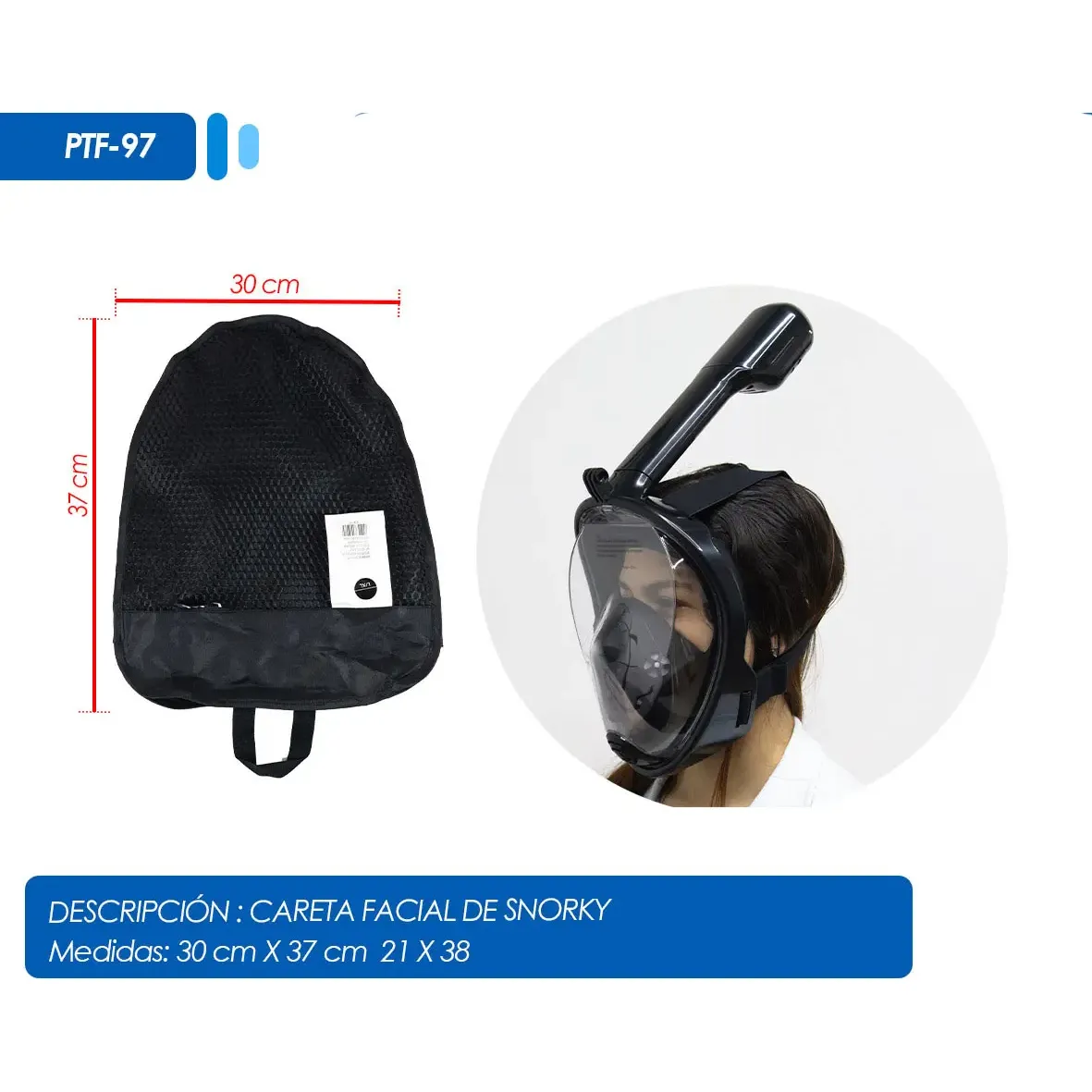 Máscara de buceo cara completa negra con visor panorámico y snorkel, incluye bolsa de malla de 30x37 cm. Se muestra en uso sobre un rostro.