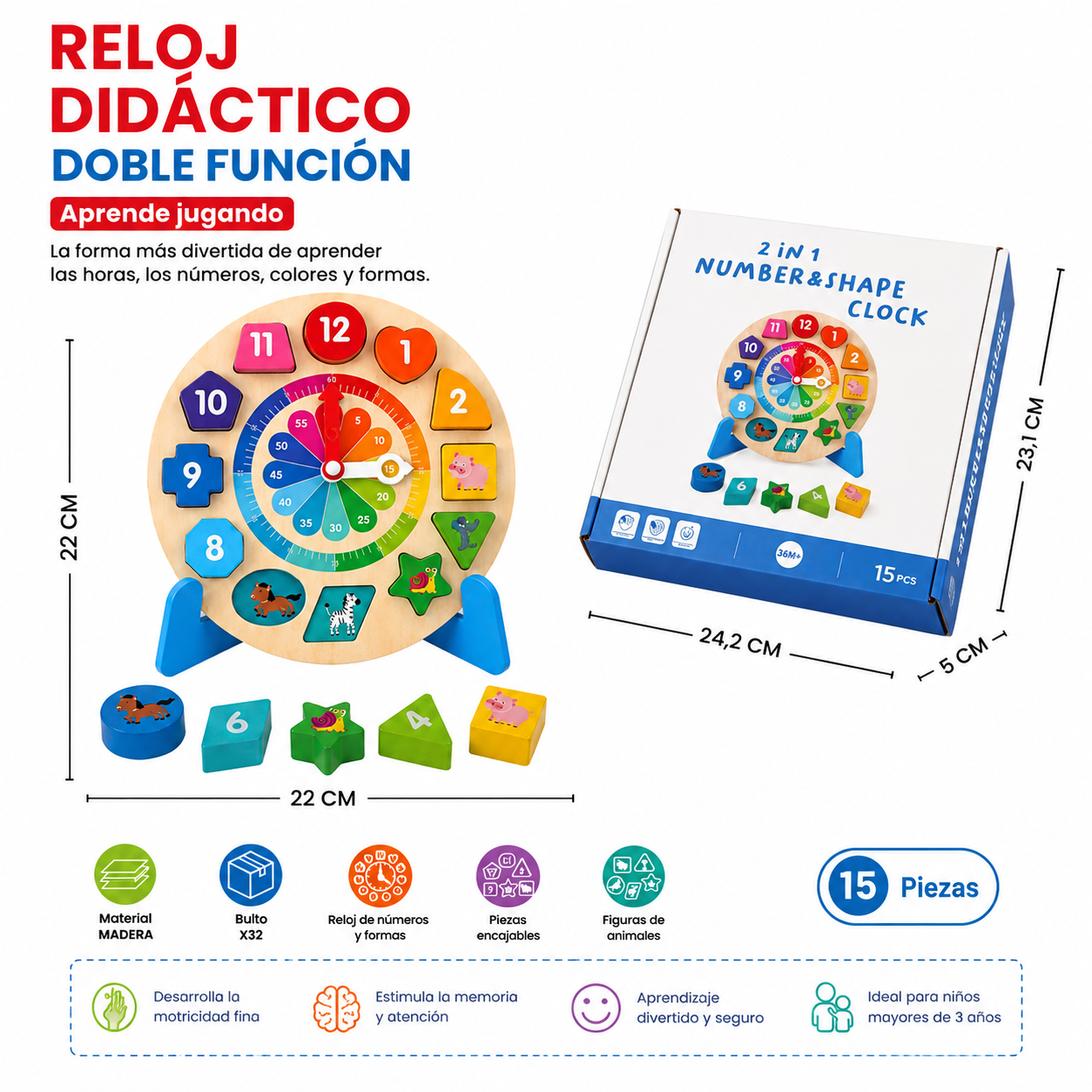 Reloj didáctico de madera con formas geométricas - estimula el aprendizaje cognitivo y la motricidad fina en niños