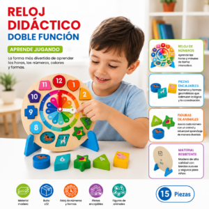 Reloj didáctico de madera con formas geométricas - estimula el aprendizaje cognitivo y la motricidad fina en niños