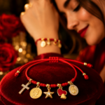 Pulsera roja de tejido con cinco dijes dorados sobre terciopelo rojo, junto a una mujer sonriente con accesorio similar.