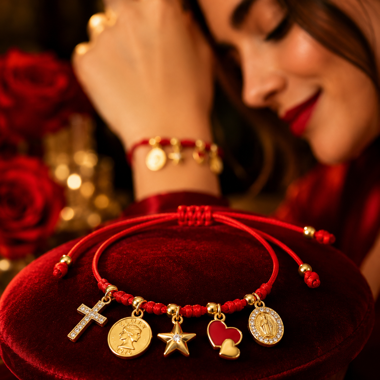 Pulsera roja de tejido con cinco dijes dorados sobre terciopelo rojo, junto a una mujer sonriente con accesorio similar.