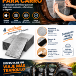 Paquete de 4 paneles aislantes termoacústicos de aluminio de 40x25 cm, instalados en la puerta de un carro color marrón para reducir ruido y calor.
