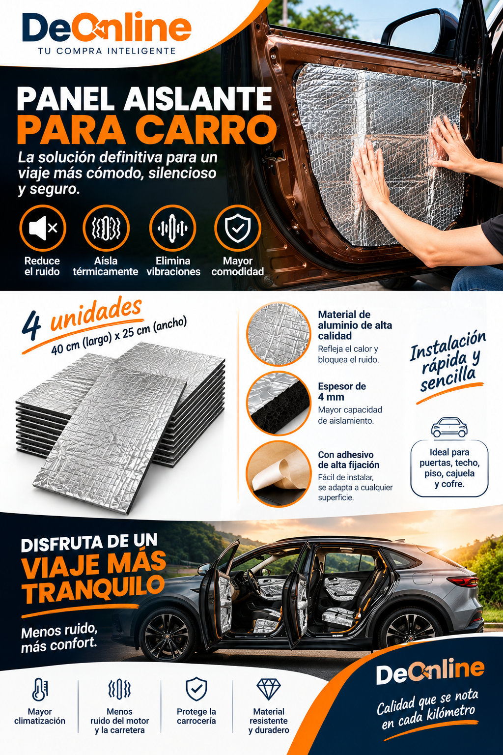 Paquete de 4 paneles aislantes termoacústicos de aluminio de 40x25 cm, instalados en la puerta de un carro color marrón para reducir ruido y calor.